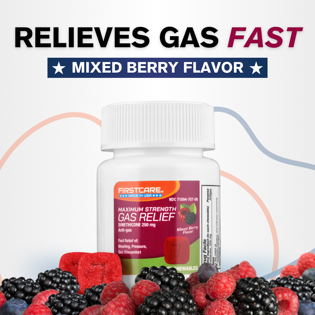 Our simethicone soft chewable relieves gas. It's mixed berry flavor.