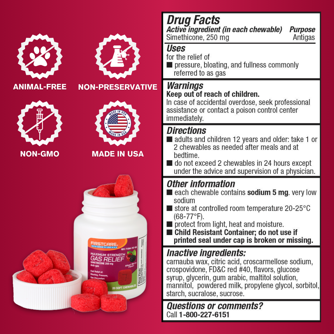 Drug facts for firstcare gas relief simethicone soft chews