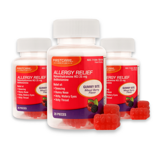 3 Bottle of firstcare allergy relief soft chewable medication that helps relieve sneezing, runny nose, itchy, watery eyes, and itchy throat