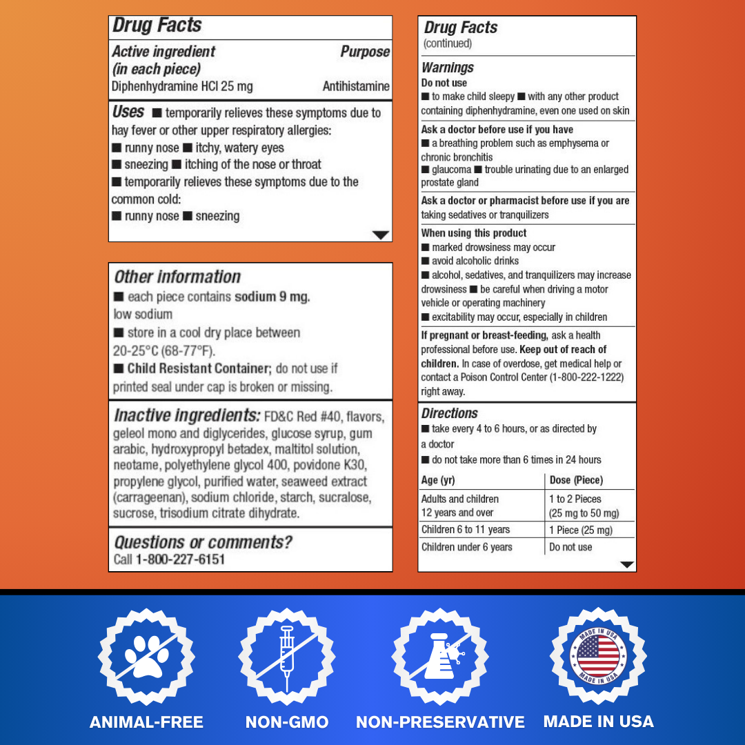 Drug facts of firstcare allergy relief soft chewable medicine