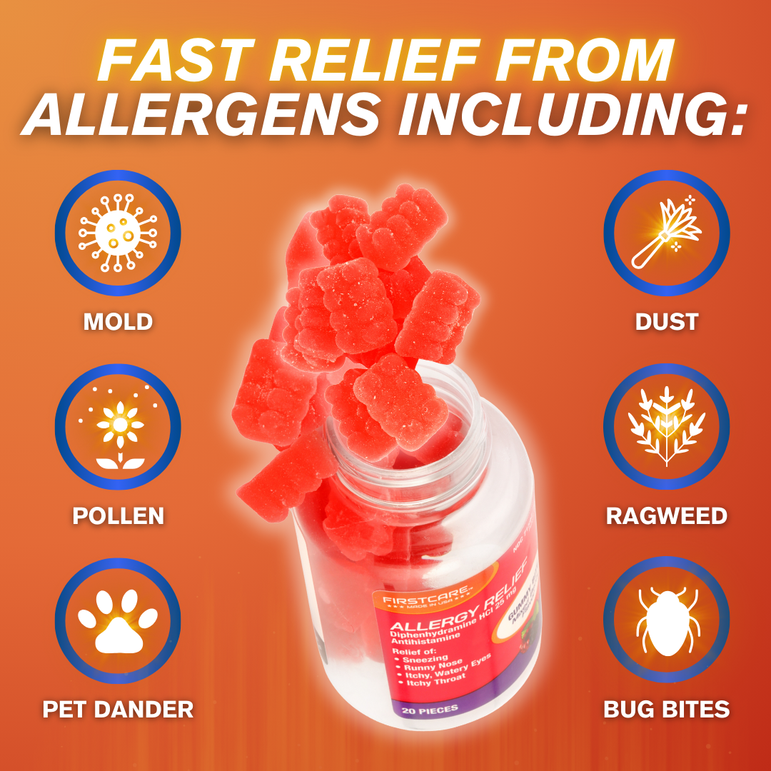 multi symptom allergy relief - itchy nose, itchy throat, watery eyes, sneezing and runny nose from allergens including mold, pollen, pet dander, dust, ragweed and bug bites.