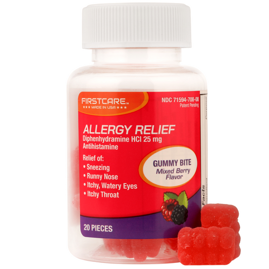 Bottle of firstcare allergy relief soft chewable medication that helps relieve sneezing, runny nose, itchy, watery eyes, and itchy throat