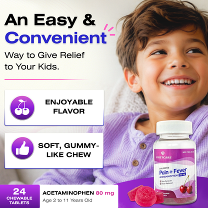 Promotional graphic for FirstCare Pain + Fever Acetaminophen chewable tablets, showing a smiling child in a purple shirt alongside the product bottle and text highlighting easy convenience, enjoyable flavor, and soft gummy-like chew.