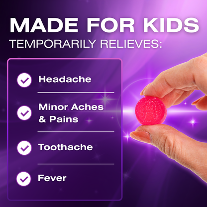 A hand holds a small pink translucent gummy candy against a purple promotional graphic that reads 'MADE FOR KIDS' and lists headache, minor aches and pains, toothache, and fever as temporary relief benefits.