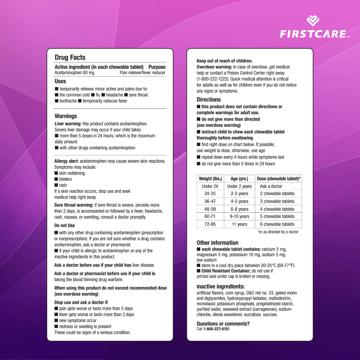A large pink and white FirstCare medication guide card with drug facts, directions, warnings, a dosing table, and a customer service number.