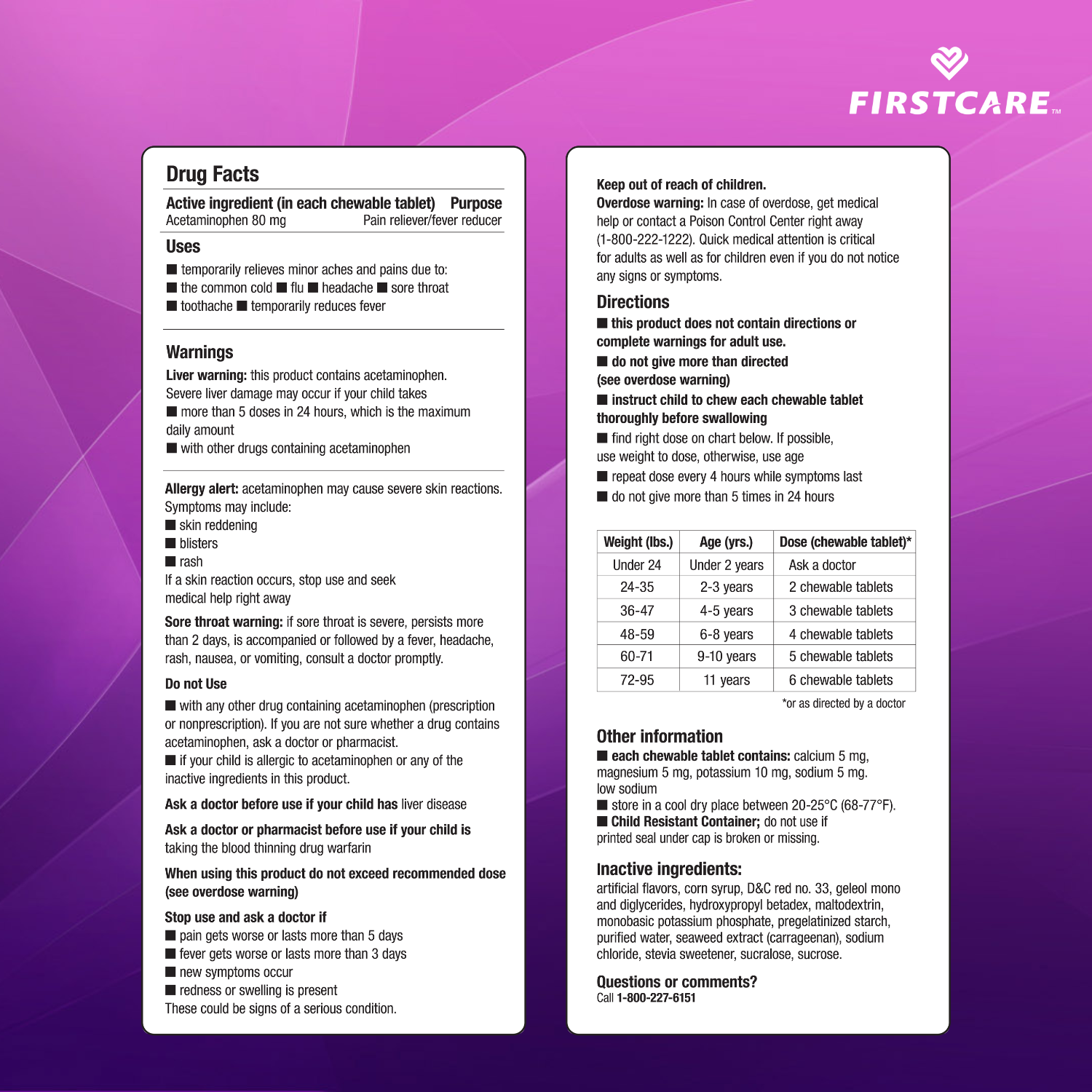 A large pink and white FirstCare medication guide card with drug facts, directions, warnings, a dosing table, and a customer service number.
