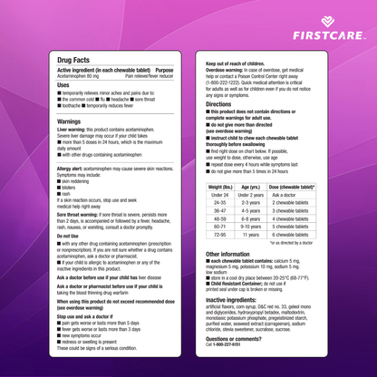 A large pink and white FirstCare medication guide card with drug facts, directions, warnings, a dosing table, and a customer service number.