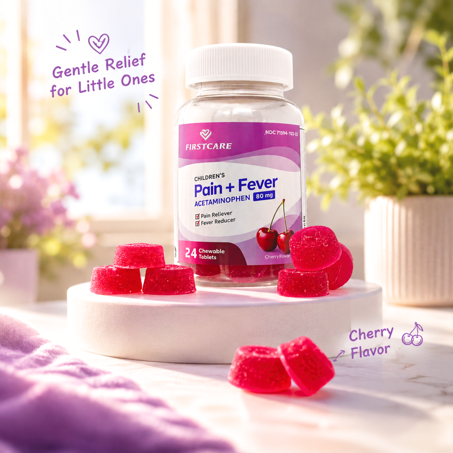A bottle of FirstCare Children's Pain + Fever Acetaminophen 120 mg chewable tablets, shown on a white pedestal with red cherry-shaped gummy candies in a bright, softly blurred indoor setting with plants in the background.