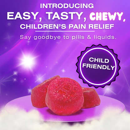 Promotional graphic for children's pain relief gummies, showing three red round gummy candies on a purple background with text reading 'INTRODUCING EASY, TASTY, CHEWY, CHILDREN'S PAIN RELIEF' and a badge that says 'CHILD FRIENDLY'.
