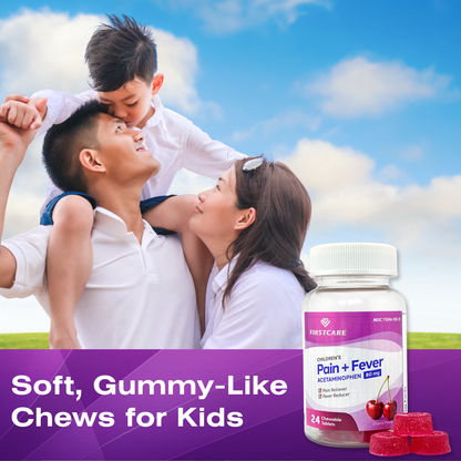 A family of three smiling outdoors under a blue sky, with a bottle of FIRSTCARE Children's Pain + Fever Ketaminone 100 mg gummy-like chews for kids shown in the foreground along with red gummies and the text 'Soft, Gummy-Like Chews for Kids'.