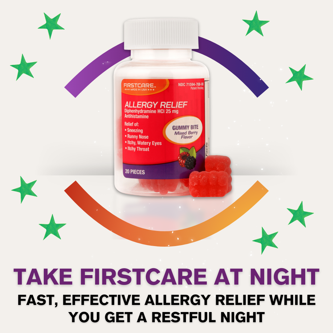 Firstcare allergy soft chew temporarily relieves symptoms due to hay fever or other upper respiratory allergies like sneezing, runny nose, itchy, watery eyes, and itchy throat. Temporarily relieves runny nose and sneezing due to the common cold. Best taken at night.